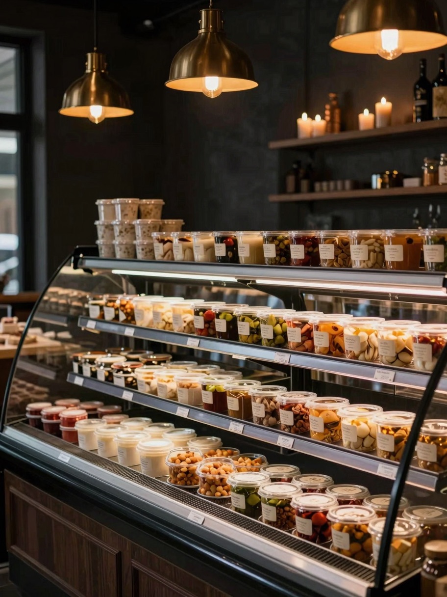 The refrigerated retail case stocked with sealed soups under warm pendant light