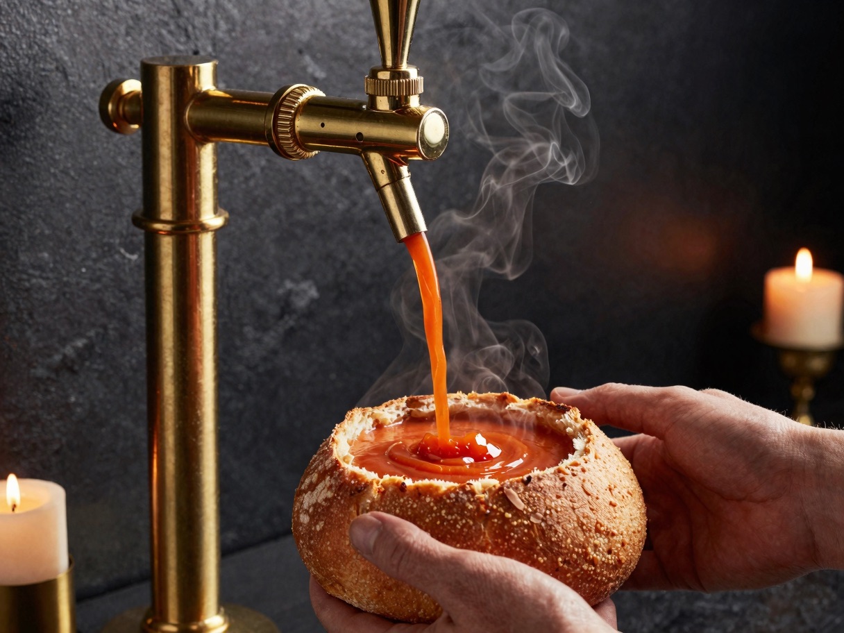 A brass tap pouring roasted tomato soup into a sourdough bread bowl, steam rising