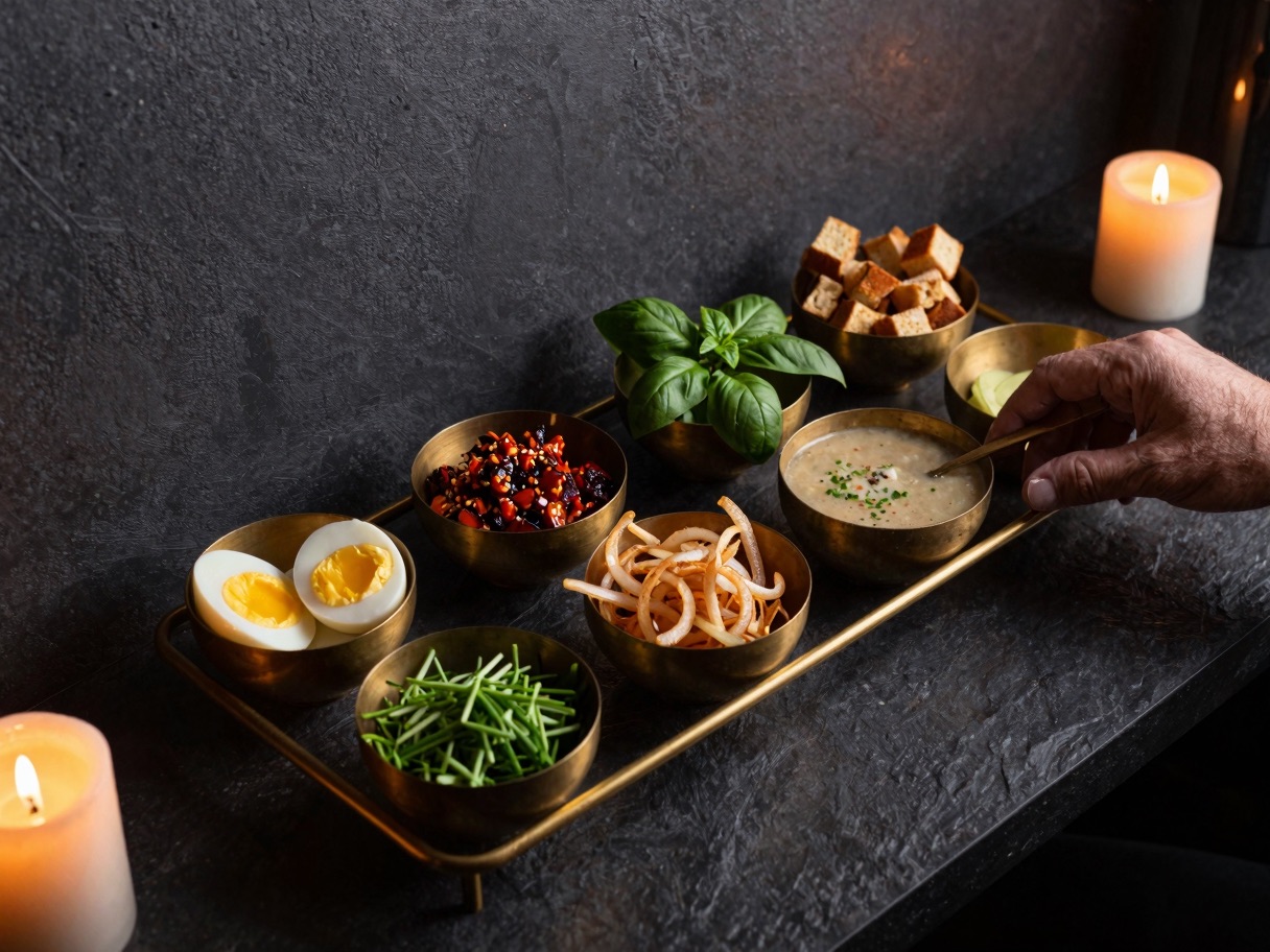 Brass bowls of soft-boiled eggs, chili crisp, herbs, crispy onions, and croutons on the toppings rail