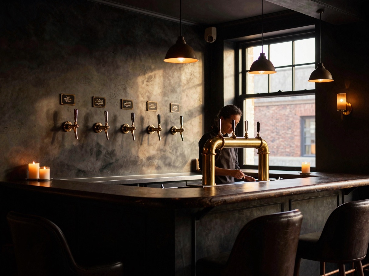 The tap room at golden hour: dark counter bar, wall of brass taps with engraved plaques, pendant lights